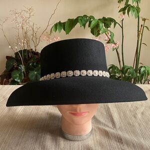 Elegant Black Wool Wide-Brim Hat with Golden Floral Rhinestone Band